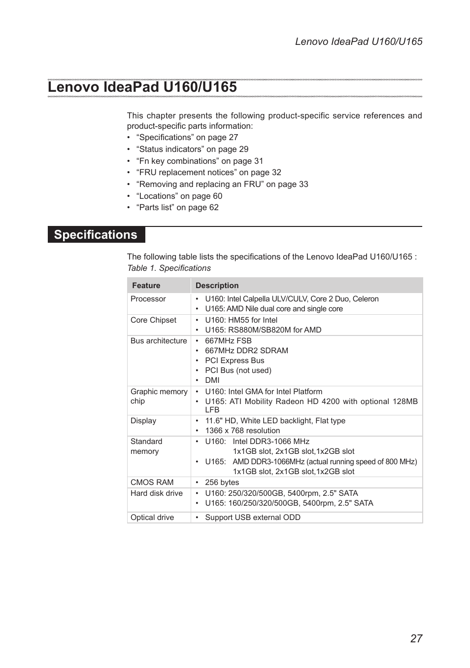 Lenovo ideapad u160/u165, Specifications | Lenovo IdeaPad U160 User Manual | Page 31 / 81