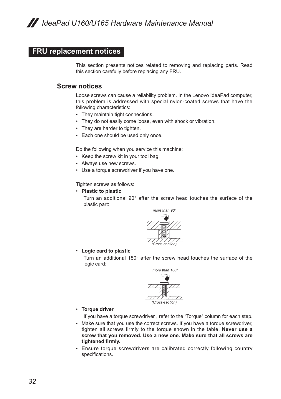 Fru replacement notices, Screw notices | Lenovo IdeaPad U160 User Manual | Page 36 / 81