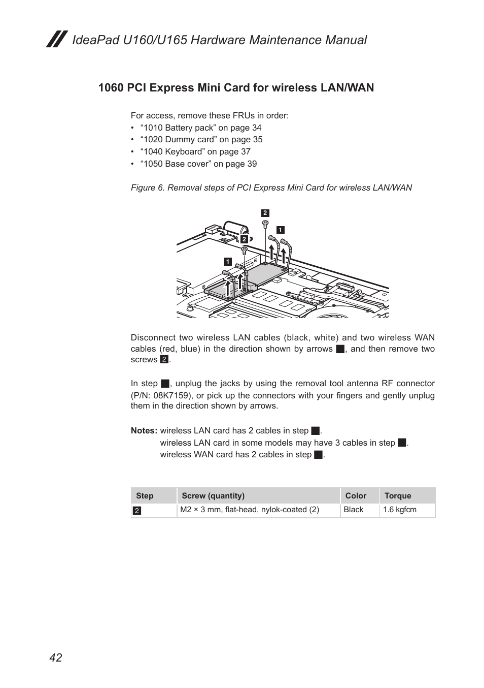 1060 pci express mini card for wireless lan/wan, 1060 pci express mini card for wireless, Lan/wan | Lenovo IdeaPad U160 User Manual | Page 46 / 81