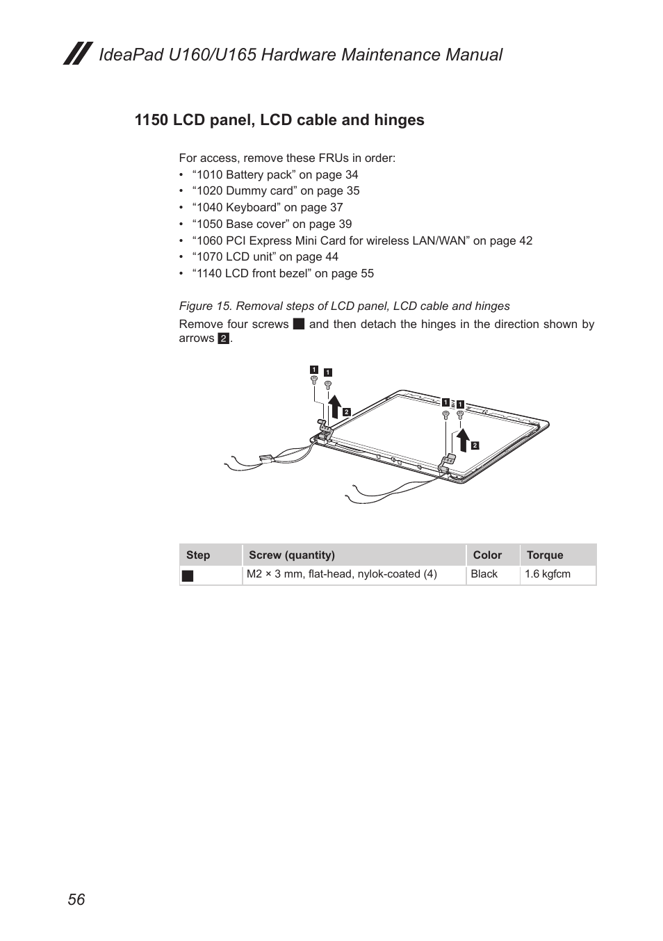 1150 lcd panel, lcd cable and hinges | Lenovo IdeaPad U160 User Manual | Page 60 / 81