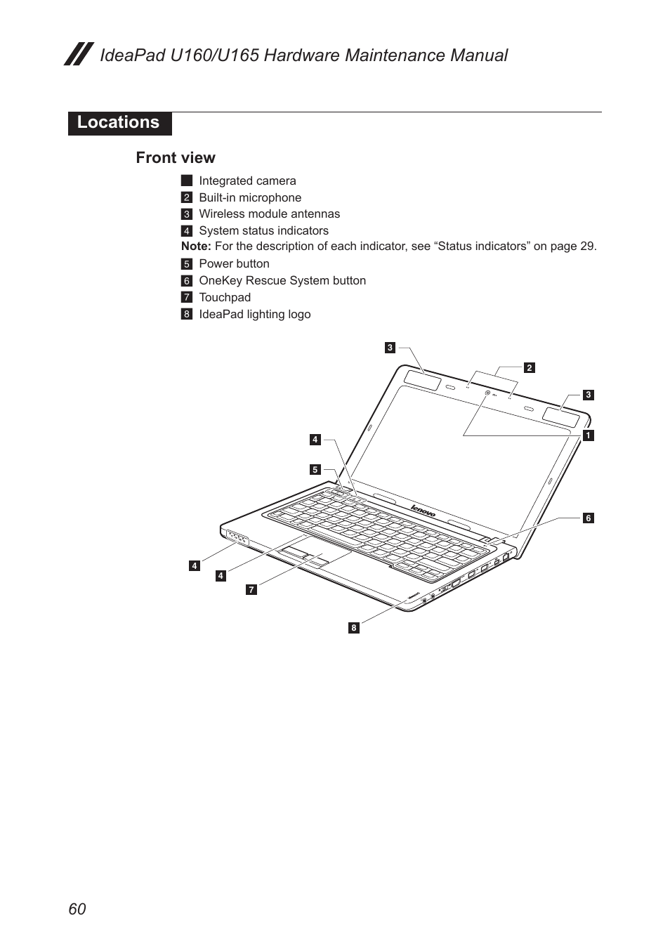 Locations, Front view | Lenovo IdeaPad U160 User Manual | Page 64 / 81