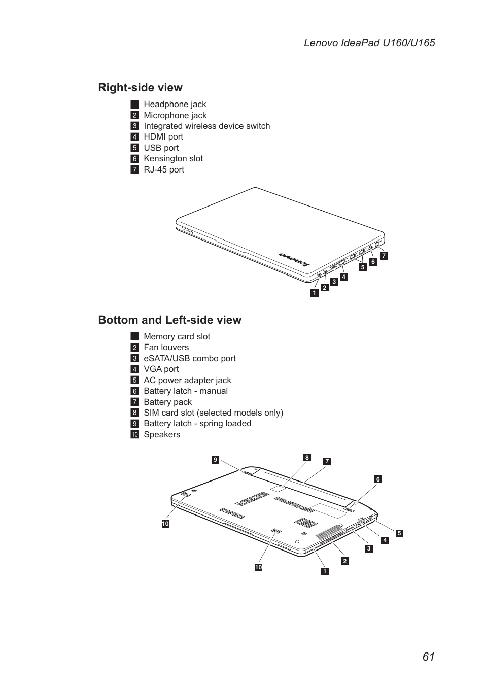 Right-side view, Bottom and left-side view | Lenovo IdeaPad U160 User Manual | Page 65 / 81