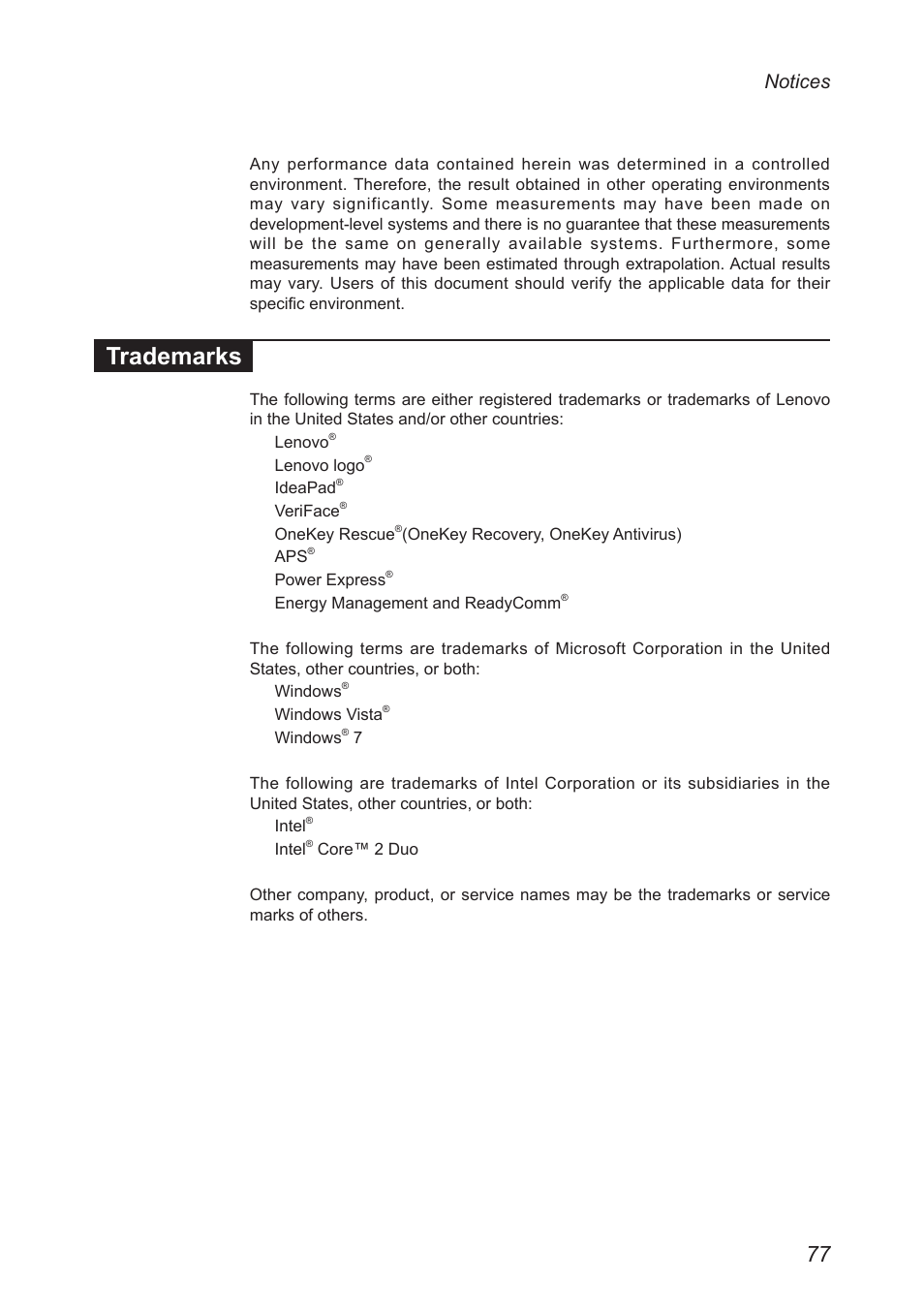 Trademarks, Notices | Lenovo IdeaPad U160 User Manual | Page 81 / 81