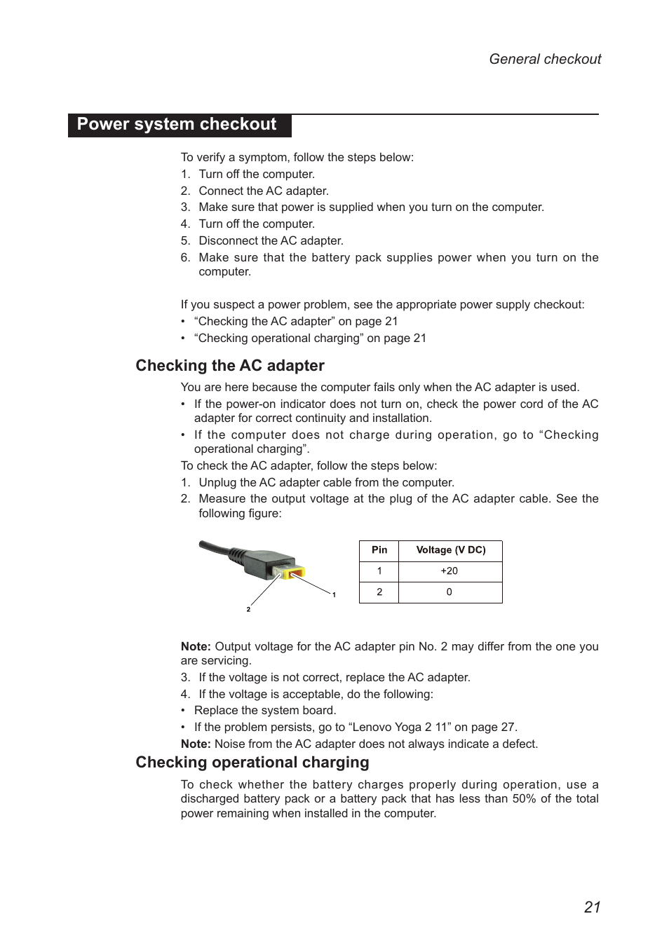 Power system checkout, Checking the ac adapter, Checking operational charging | Lenovo Yoga 2 11 Notebook Lenovo User Manual | Page 25 / 76