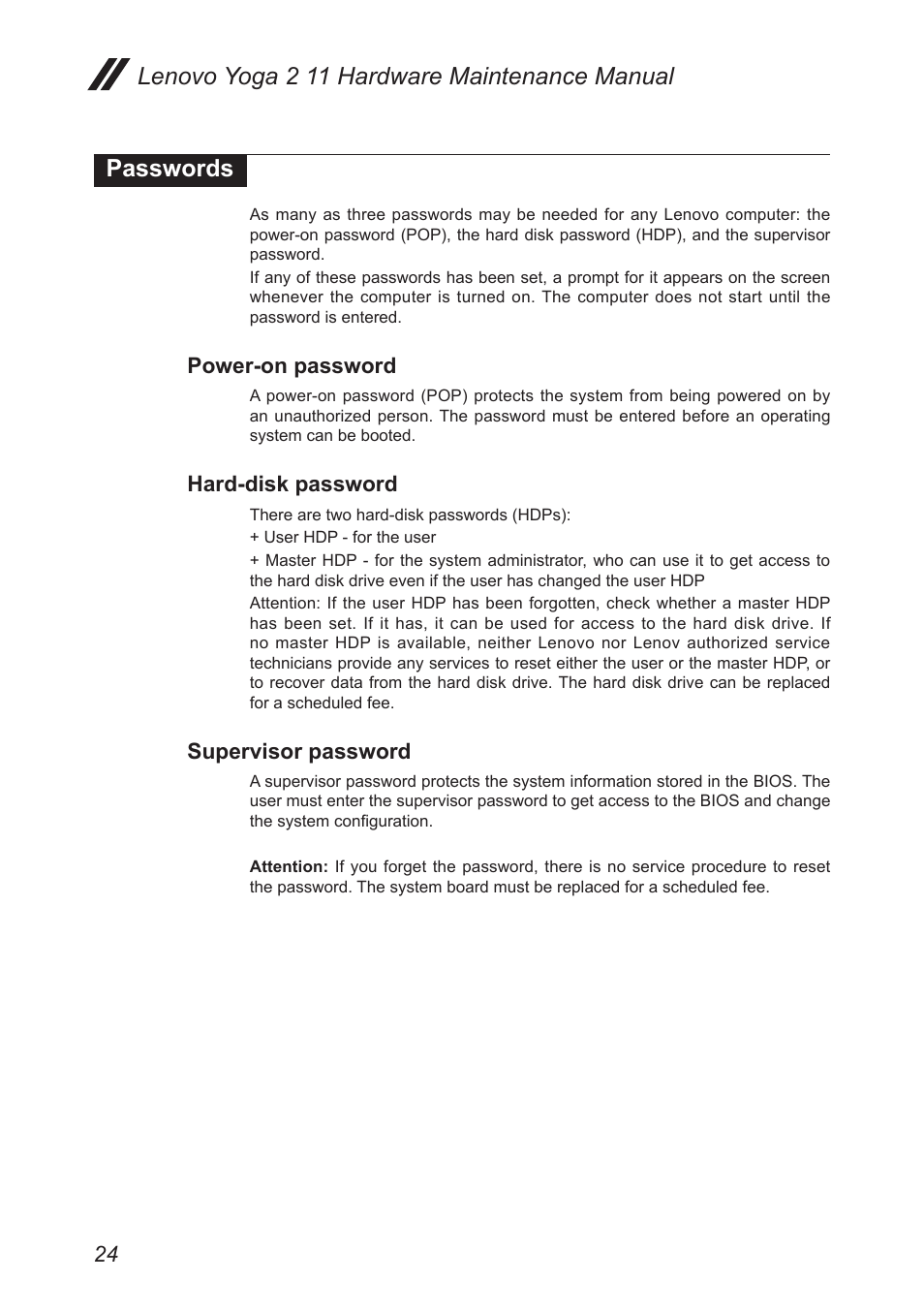 Passwords, Power-on password, Hard-disk password | Supervisor password | Lenovo Yoga 2 11 Notebook Lenovo User Manual | Page 28 / 76