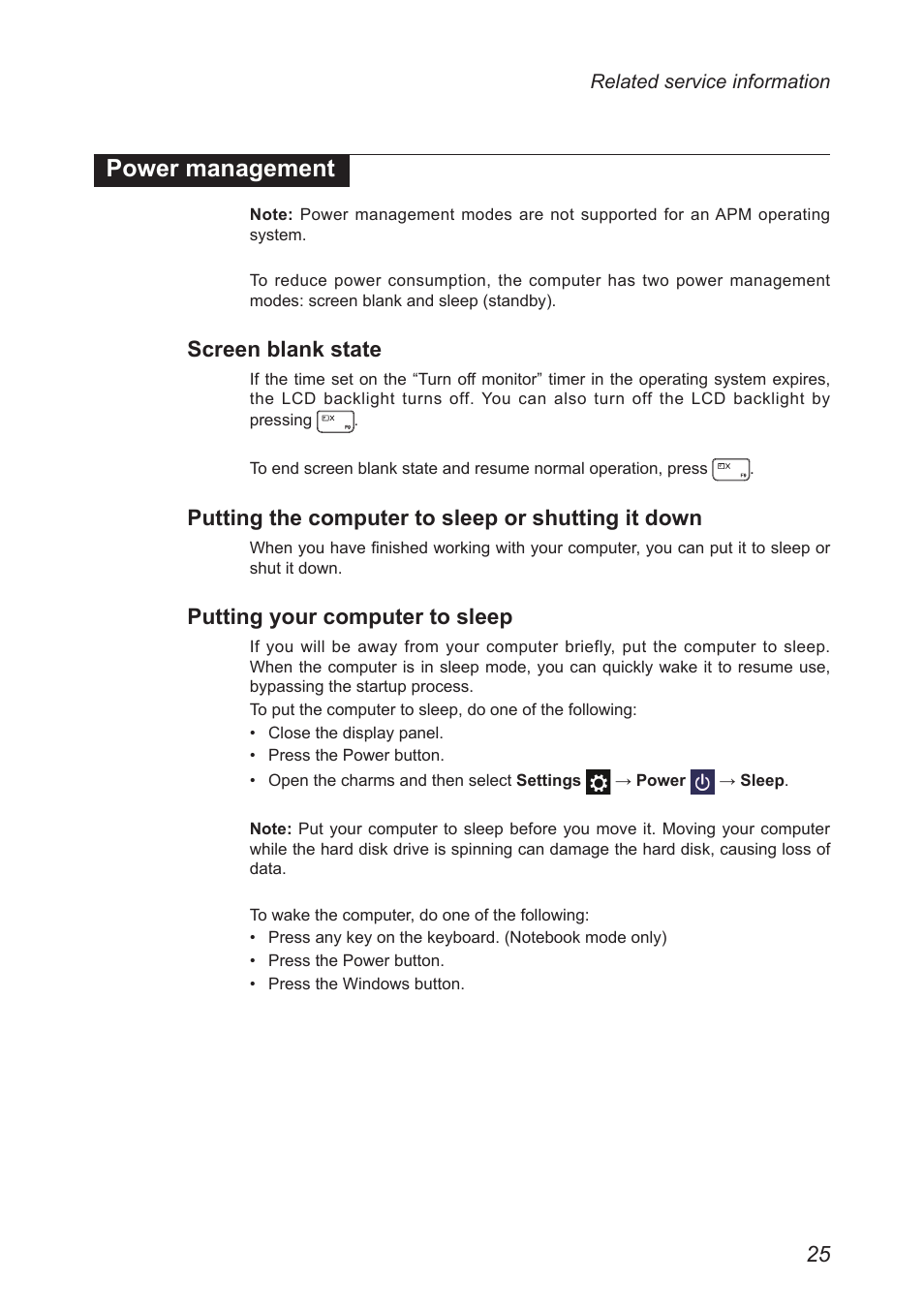 Power management, Screen blank state, Putting the computer to sleep or shutting it down | Putting your computer to sleep | Lenovo Yoga 2 11 Notebook Lenovo User Manual | Page 29 / 76