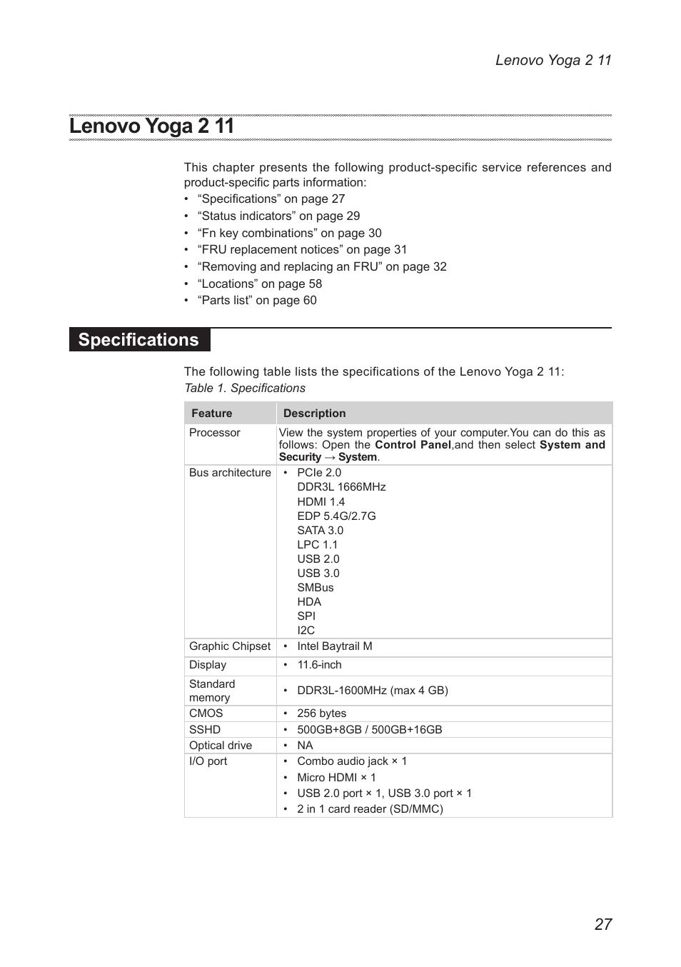 Lenovo yoga 2 11, Specifications | Lenovo Yoga 2 11 Notebook Lenovo User Manual | Page 31 / 76