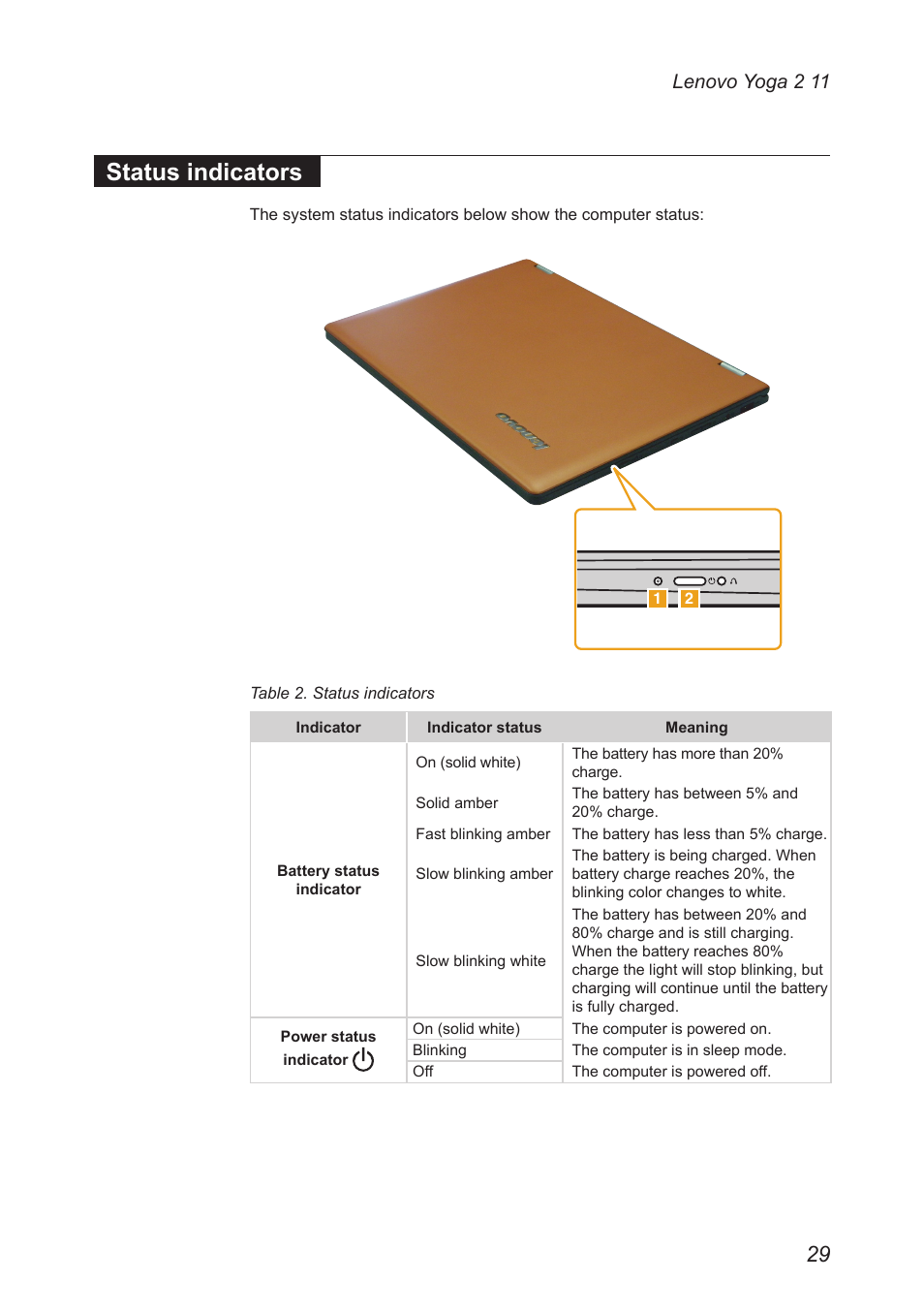 Status indicators, Lenovo yoga 2 11 | Lenovo Yoga 2 11 Notebook Lenovo User Manual | Page 33 / 76