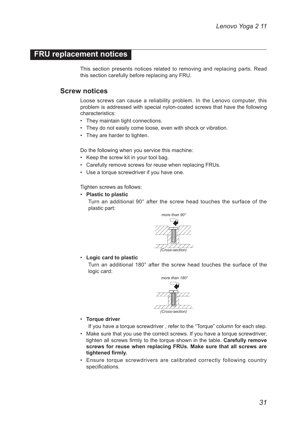 Fru replacement notices, Screw notices | Lenovo Yoga 2 11 Notebook Lenovo User Manual | Page 35 / 76