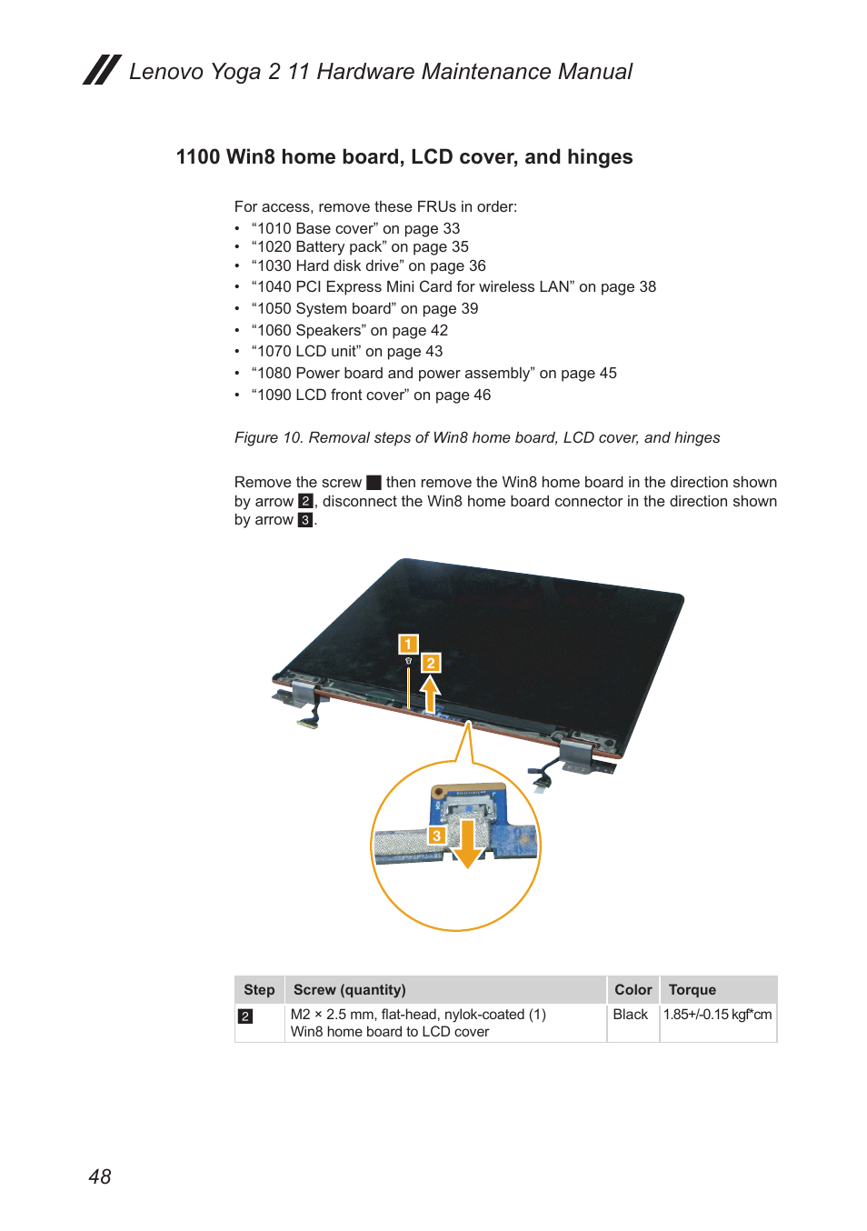 1100 win8 home board, lcd cover, and hinges, Lenovo yoga 2 11 hardware maintenance manual | Lenovo Yoga 2 11 Notebook Lenovo User Manual | Page 52 / 76