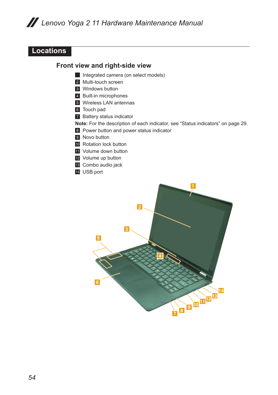 Locations, Front view and right-side view | Lenovo Yoga 2 11 Notebook Lenovo User Manual | Page 58 / 76