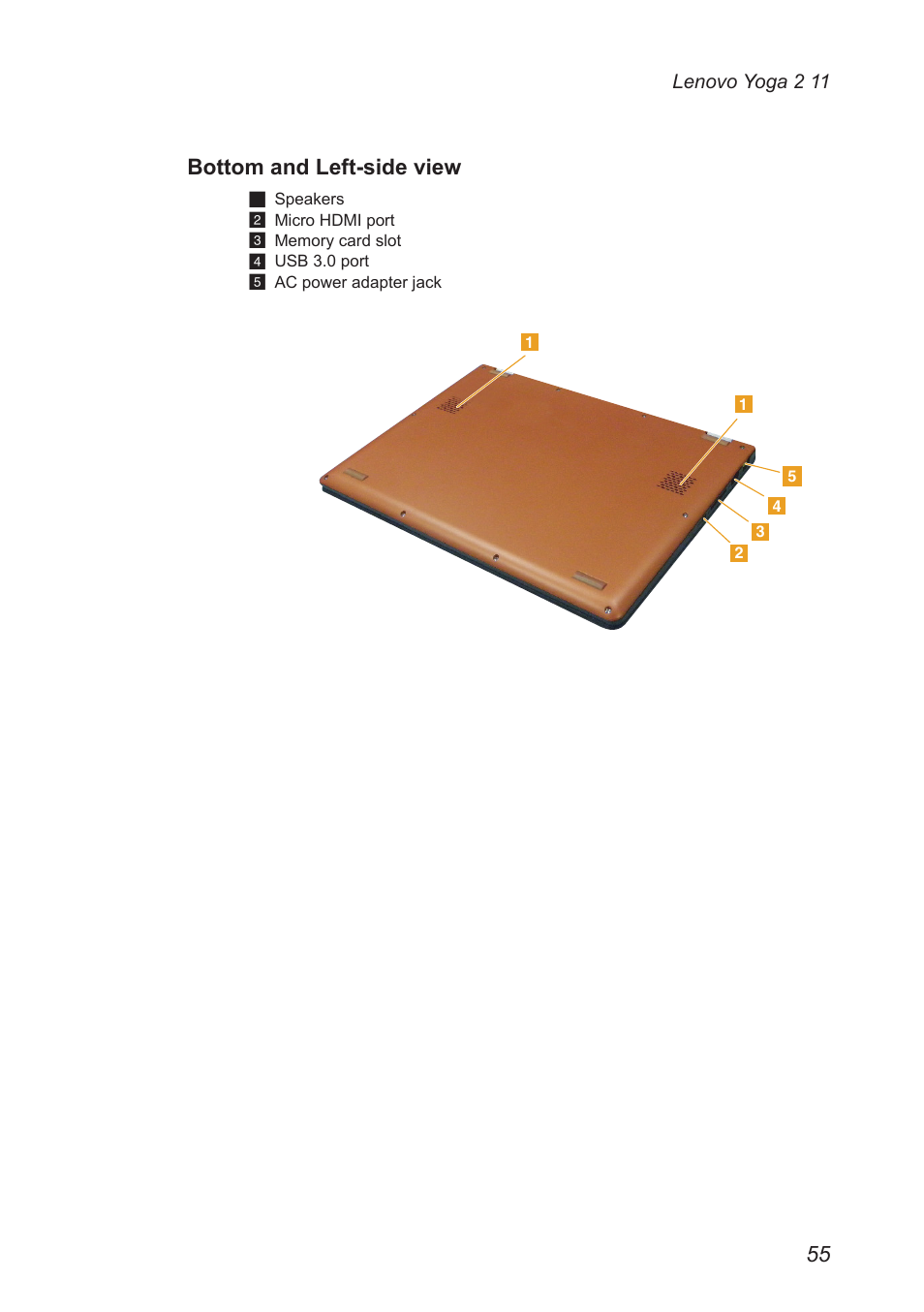 Bottom and left-side view | Lenovo Yoga 2 11 Notebook Lenovo User Manual | Page 59 / 76