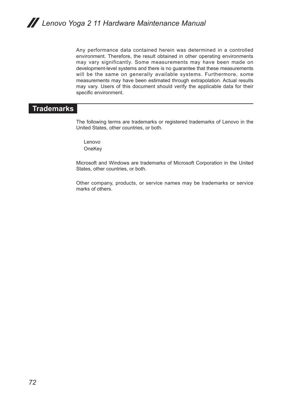 Trademarks, Lenovo yoga 2 11 hardware maintenance manual | Lenovo Yoga 2 11 Notebook Lenovo User Manual | Page 76 / 76