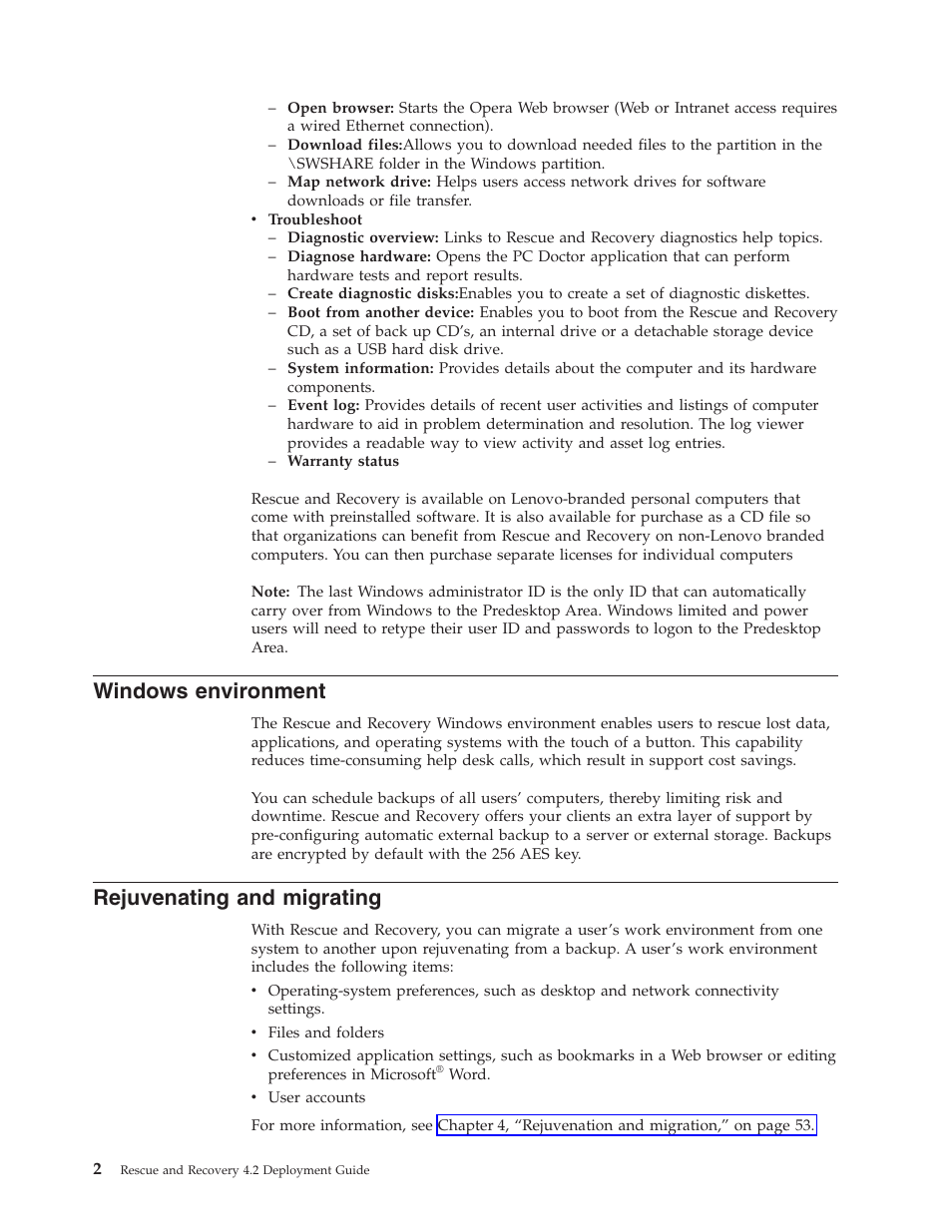 Windows environment, Rejuvenating and migrating, Windows | Environment, Rejuvenating, Migrating | Lenovo ThinkPad R50p User Manual | Page 10 / 156