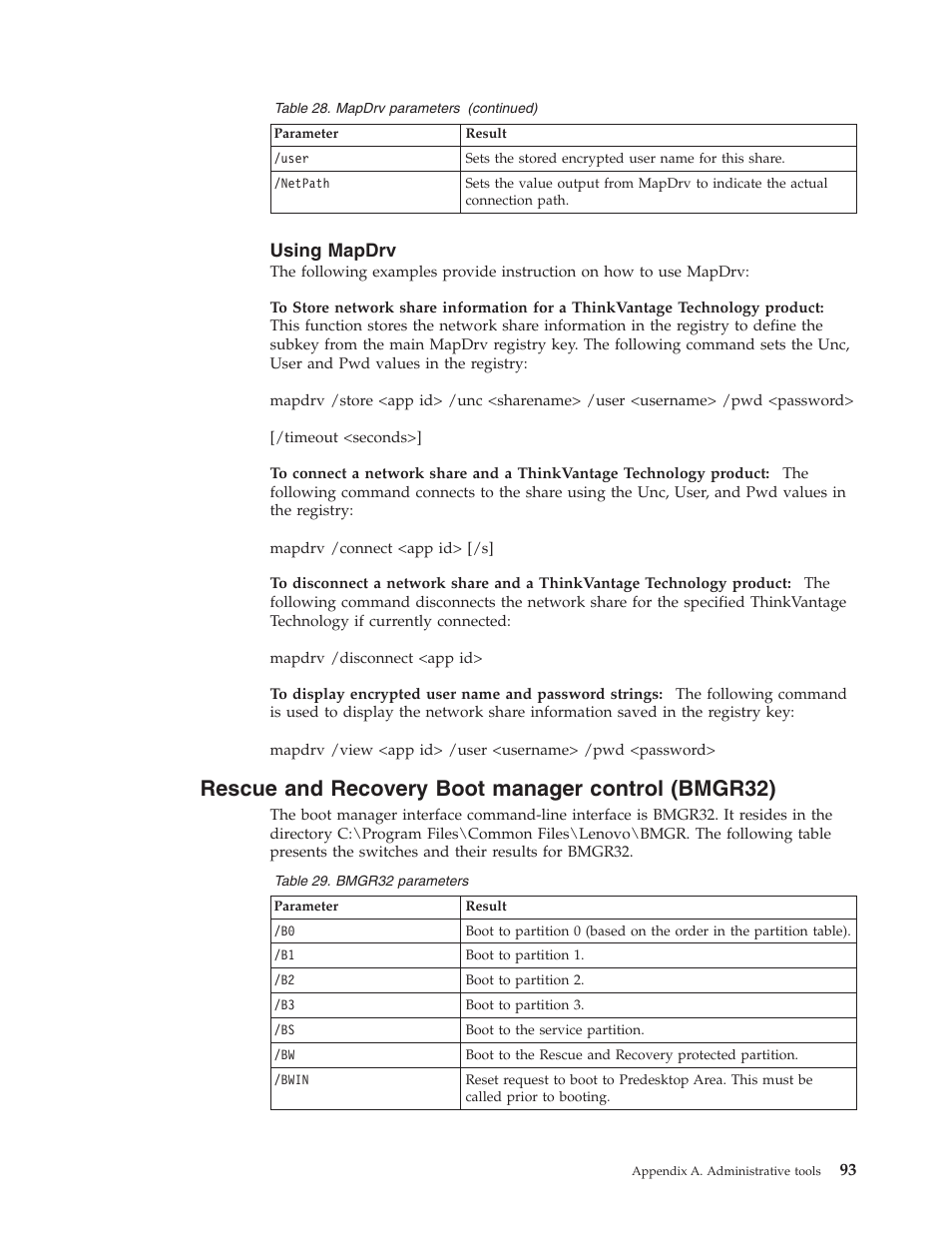 Using mapdrv, Rescue and recovery boot manager control (bmgr32), Rescue | Recovery, Boot, Manager, Control, Bmgr32), Using, Mapdrv | Lenovo ThinkPad R50p User Manual | Page 101 / 156