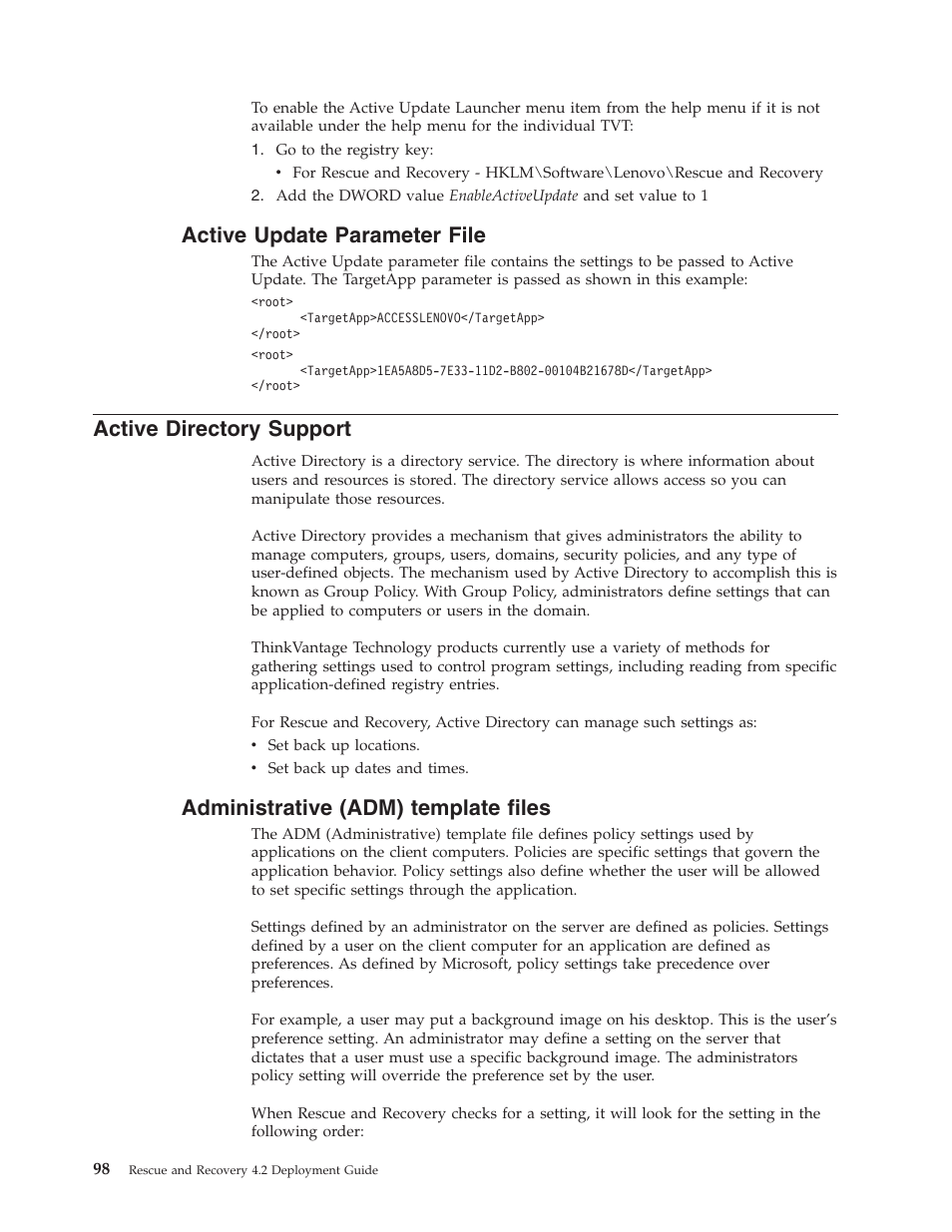 Active update parameter file, Active directory support, Administrative (adm) template files | Active, Update, Parameter, File, Directory, Support, Administrative | Lenovo ThinkPad R50p User Manual | Page 106 / 156