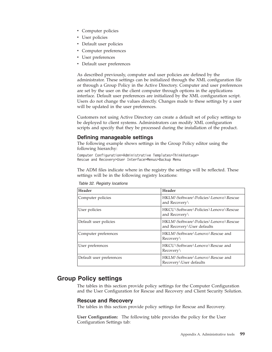 Defining manageable settings, Group policy settings, Rescue and recovery | Group, Policy, Settings, Defining, Manageable, Rescue, Recovery | Lenovo ThinkPad R50p User Manual | Page 107 / 156