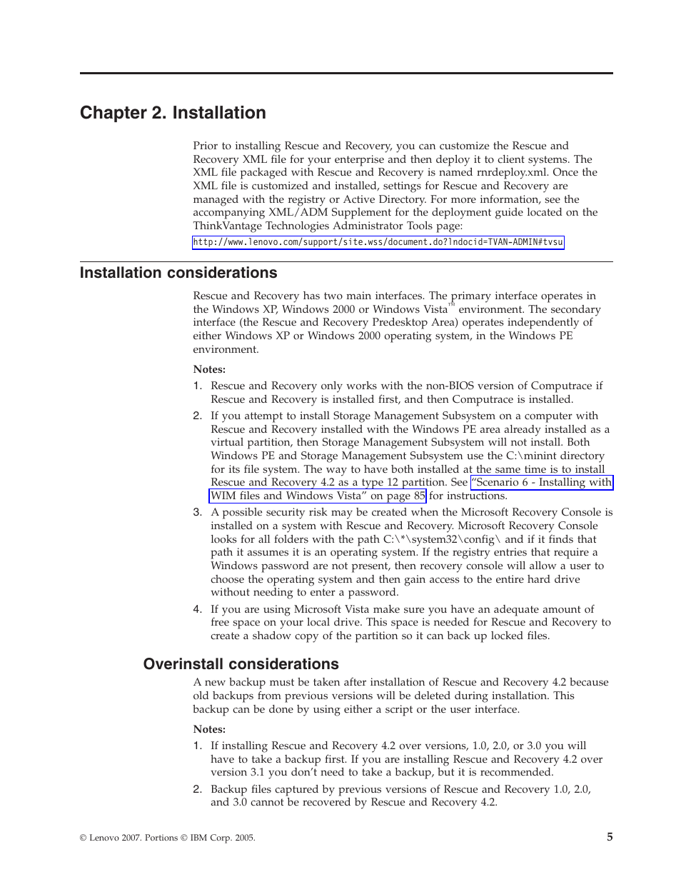 Chapter 2. installation, Installation considerations, Overinstall considerations | Chapter, Installation, Considerations, Overinstall | Lenovo ThinkPad R50p User Manual | Page 13 / 156