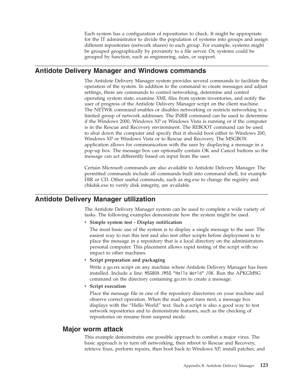 Antidote delivery manager and windows commands, Antidote delivery manager utilization, Major worm attack | Antidote, Delivery, Manager, Windows, Commands, Utilization, Major | Lenovo ThinkPad R50p User Manual | Page 131 / 156