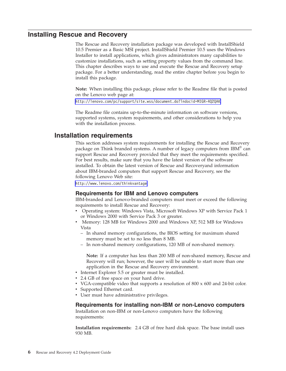 Installing rescue and recovery, Installation requirements, Requirements for ibm and lenovo computers | Installing, Rescue, Recovery, Installation, Requirements | Lenovo ThinkPad R50p User Manual | Page 14 / 156