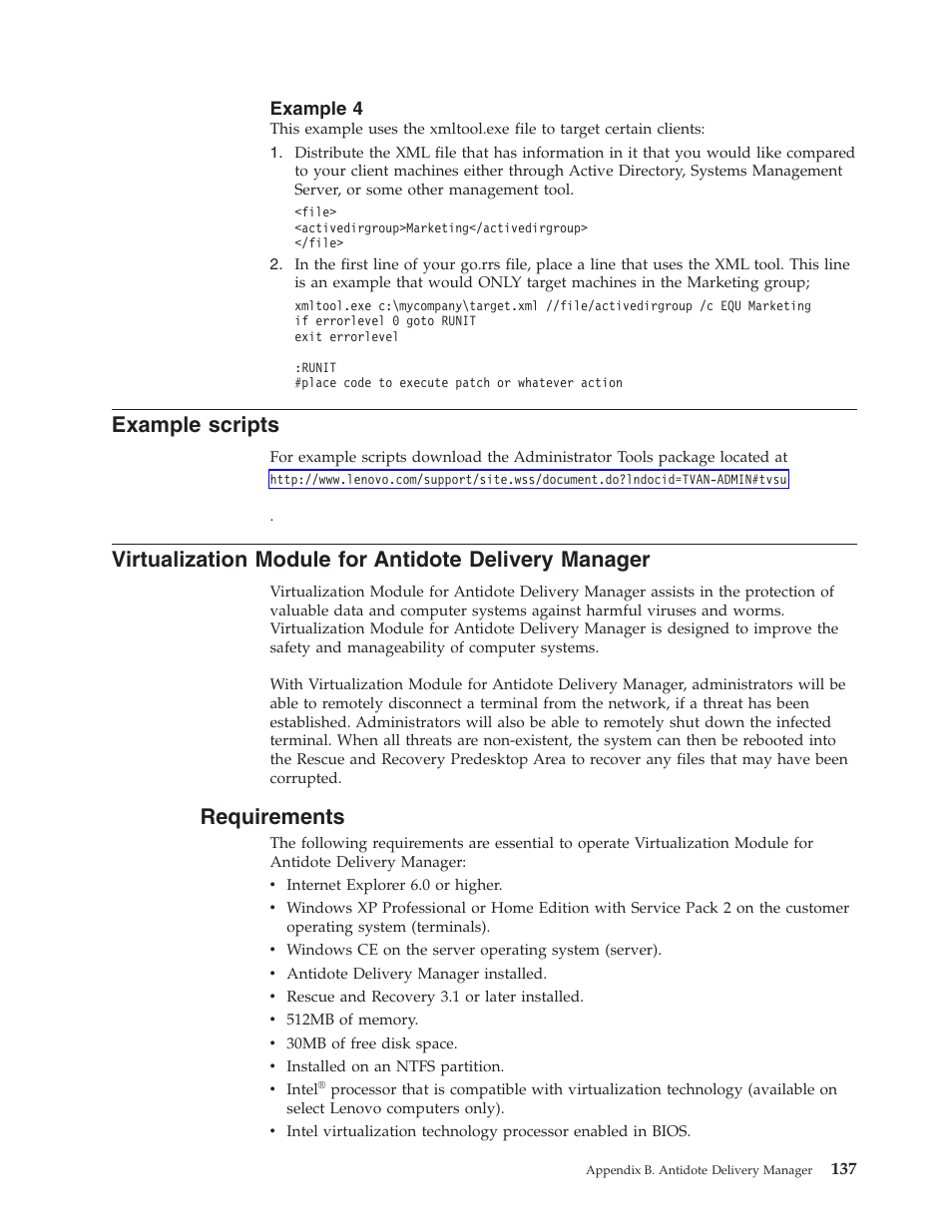Example 4, Example scripts, Requirements | Example, Scripts, Virtualization, Module, Antidote, Delivery, Manager | Lenovo ThinkPad R50p User Manual | Page 145 / 156