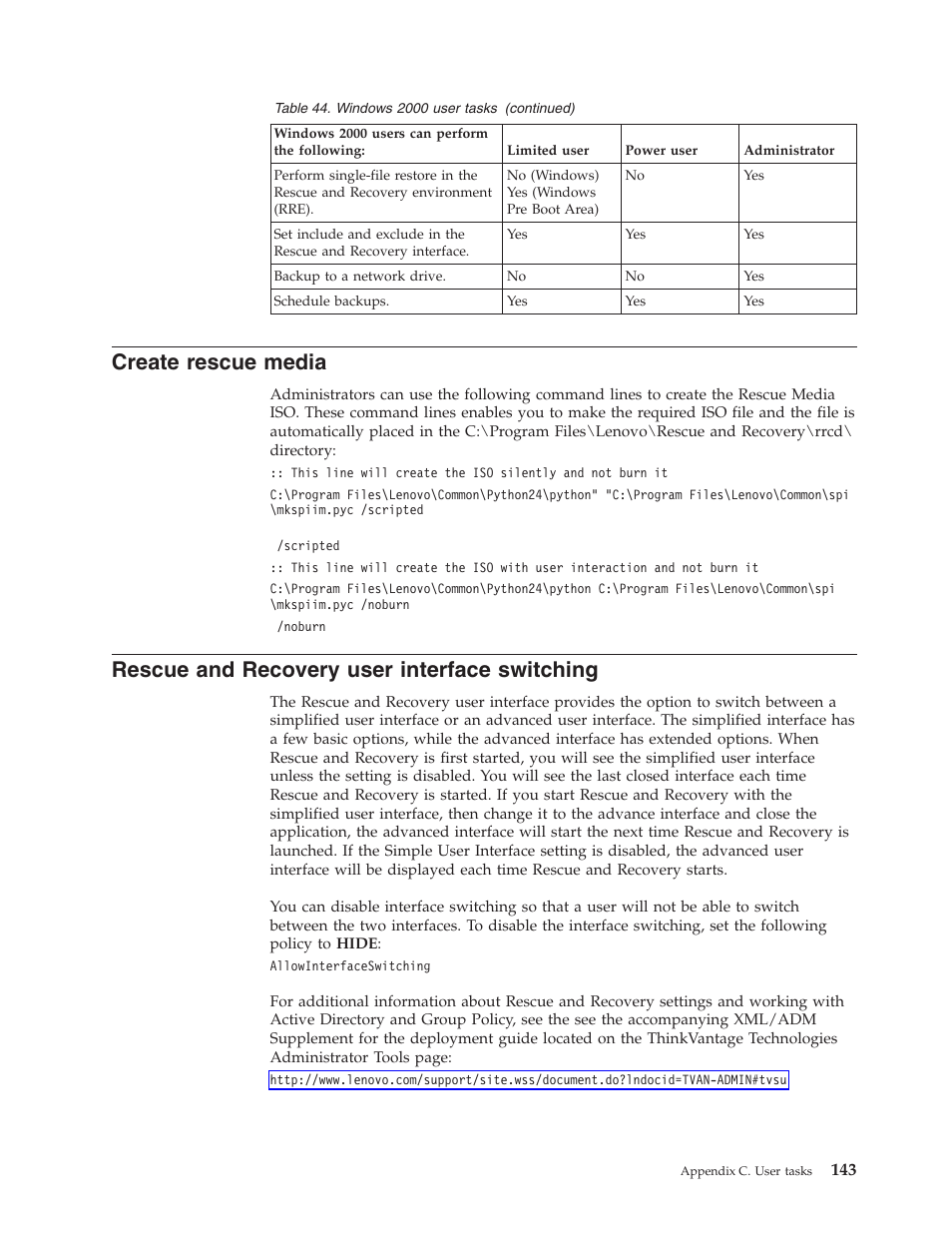 Create rescue media, Rescue and recovery user interface switching, Create | Rescue, Media, Recovery, User, Interface, Switching | Lenovo ThinkPad R50p User Manual | Page 151 / 156