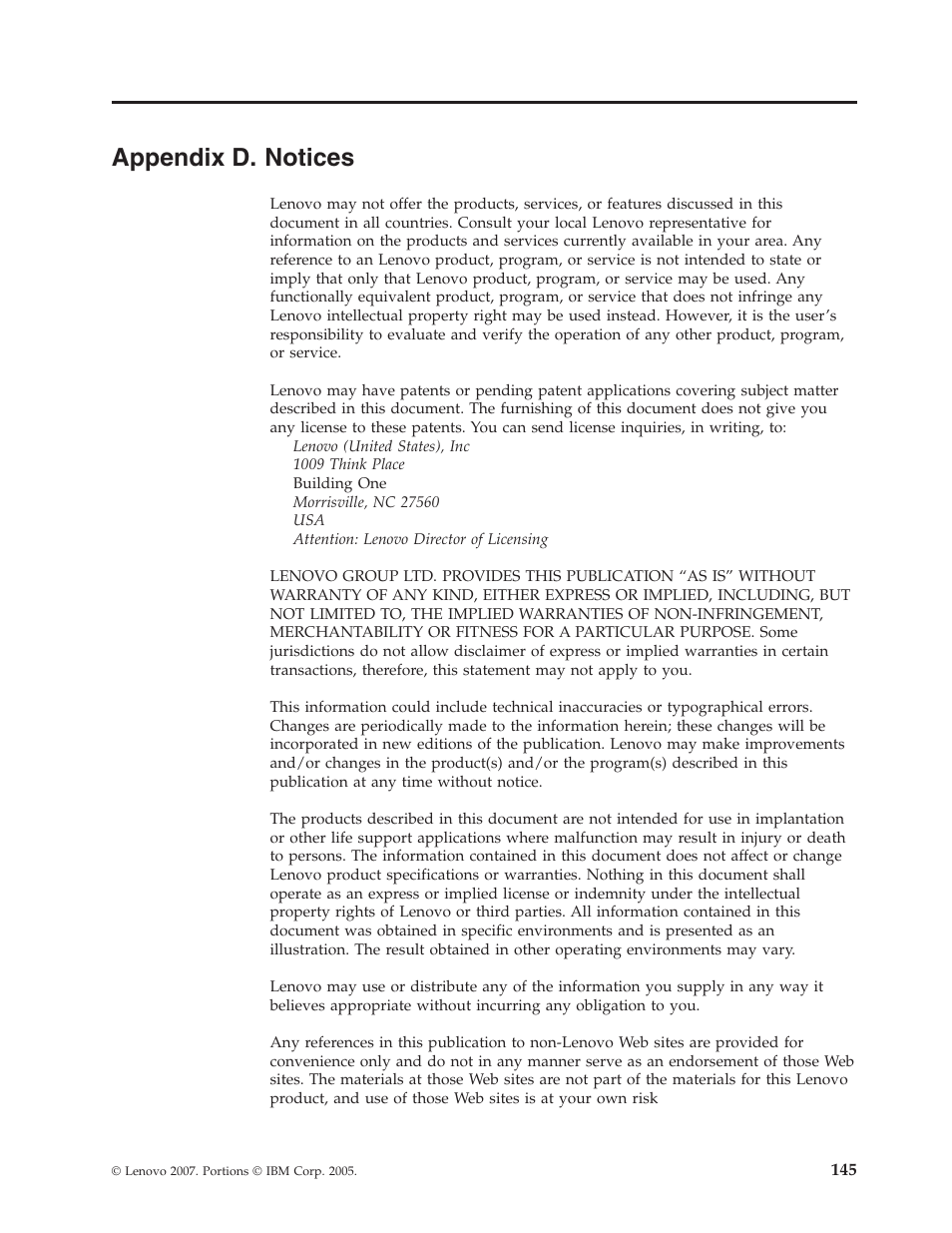 Appendix d. notices, Appendix, Notices | Lenovo ThinkPad R50p User Manual | Page 153 / 156