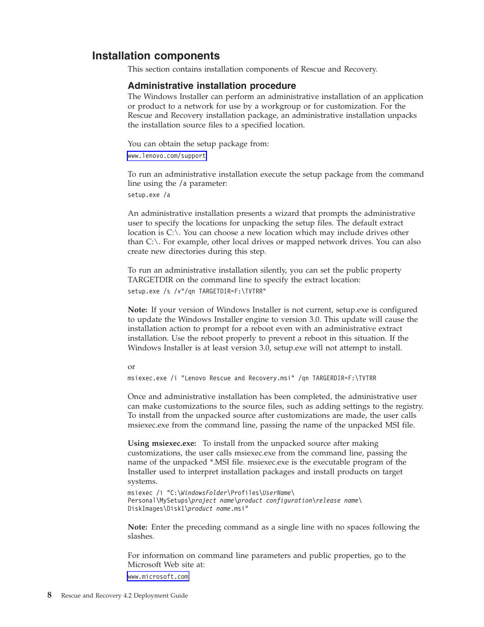 Installation components, Administrative installation procedure, Installation | Components, Administrative, Procedure | Lenovo ThinkPad R50p User Manual | Page 16 / 156