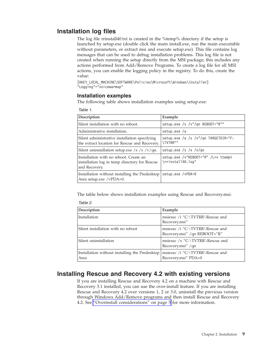 Installation log files, Installation examples, Installation | Files, Installing, Rescue, Recovery, With, Existing, Versions | Lenovo ThinkPad R50p User Manual | Page 17 / 156