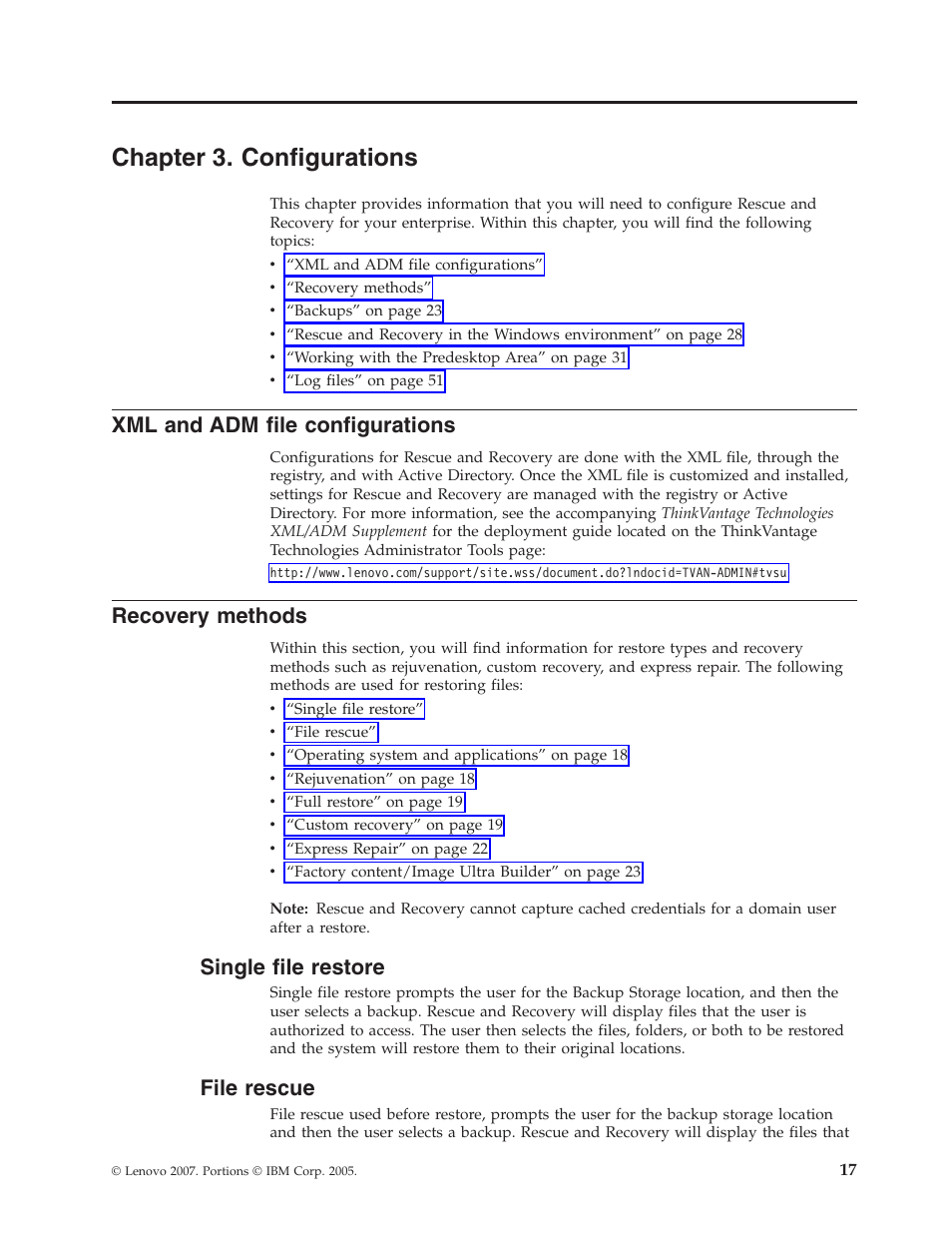 Chapter 3. configurations, Xml and adm file configurations, Recovery methods | Single file restore, File rescue, Chapter, Configurations, File, Recovery, Methods | Lenovo ThinkPad R50p User Manual | Page 25 / 156