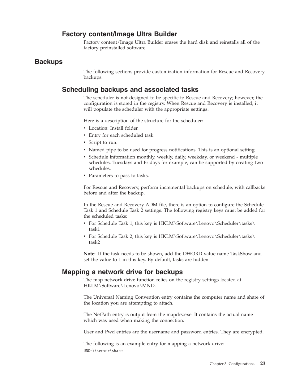 Factory content/image ultra builder, Backups, Scheduling backups and associated tasks | Mapping a network drive for backups, Factory, Content/image, Ultra, Builder, Scheduling, Associated | Lenovo ThinkPad R50p User Manual | Page 31 / 156