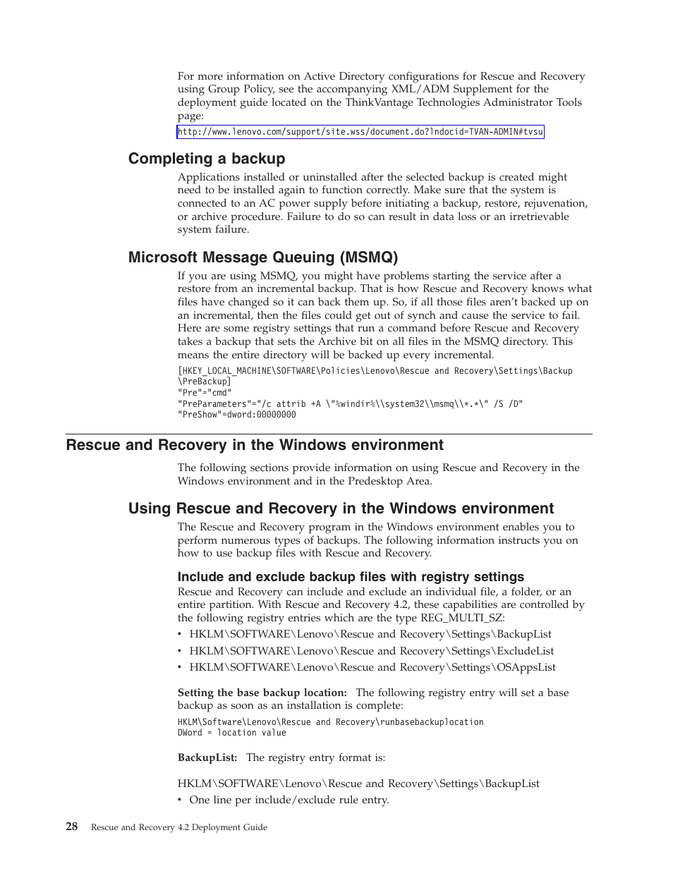 Completing a backup, Microsoft message queuing (msmq), Rescue and recovery in the windows environment | Completing, Backup, Microsoft, Message, Queuing, Msmq), Rescue | Lenovo ThinkPad R50p User Manual | Page 36 / 156