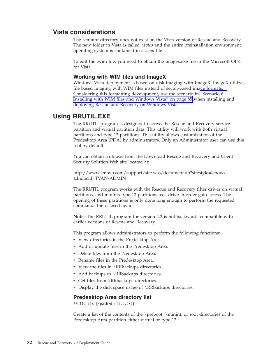 Vista considerations, Working with wim files and imagex, Using rrutil.exe | Predesktop area directory list, Vista, Considerations, Using, Rrutil.exe, Working, With | Lenovo ThinkPad R50p User Manual | Page 40 / 156