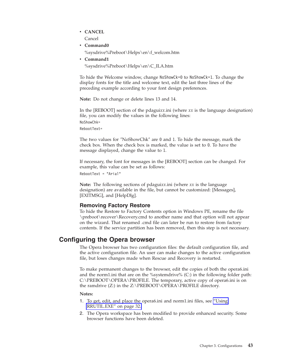 Removing factory restore, Configuring the opera browser, Configuring | Opera, Browser, Removing, Factory, Restore | Lenovo ThinkPad R50p User Manual | Page 51 / 156