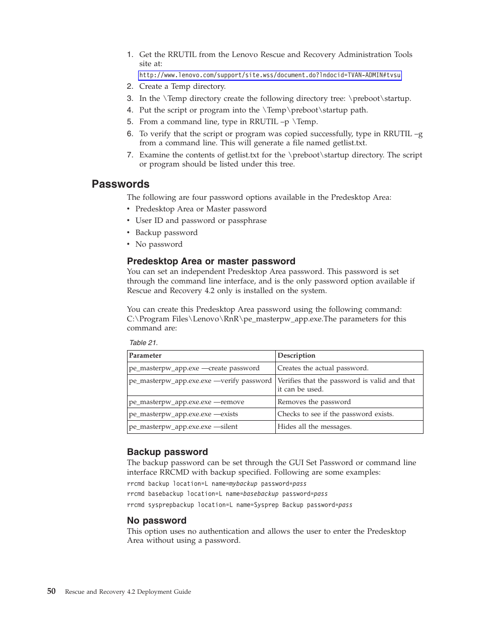 Passwords, Predesktop area or master password, Backup password | No password, Predesktop, Area, Master, Password, Backup | Lenovo ThinkPad R50p User Manual | Page 58 / 156