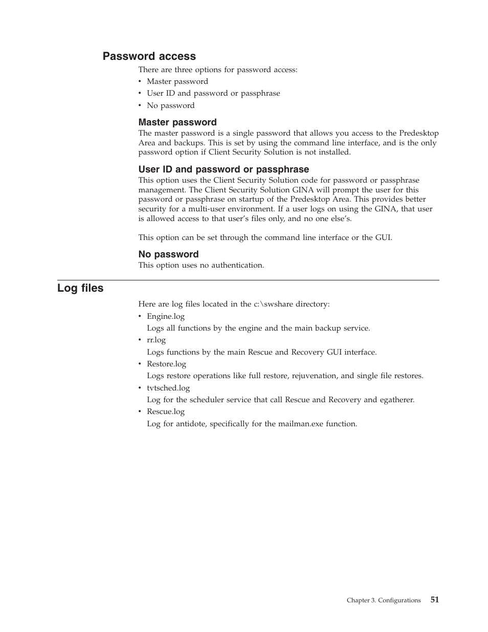 Password access, Master password, User id and password or passphrase | No password, Log files, Password, Access, Files | Lenovo ThinkPad R50p User Manual | Page 59 / 156