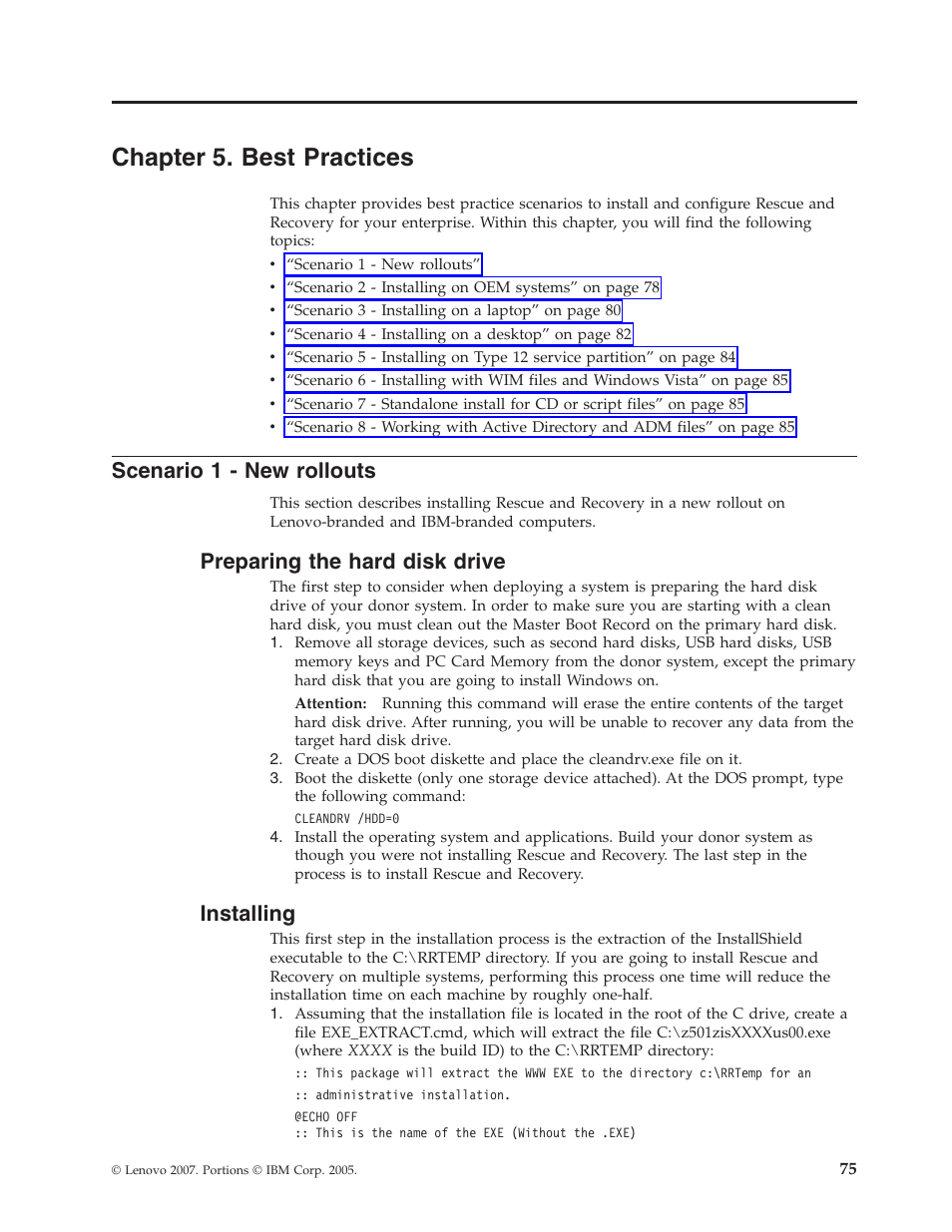 Chapter 5. best practices, Scenario 1 - new rollouts, Preparing the hard disk drive | Installing, Chapter, Best, Practices, Scenario, Rollouts, Preparing | Lenovo ThinkPad R50p User Manual | Page 83 / 156