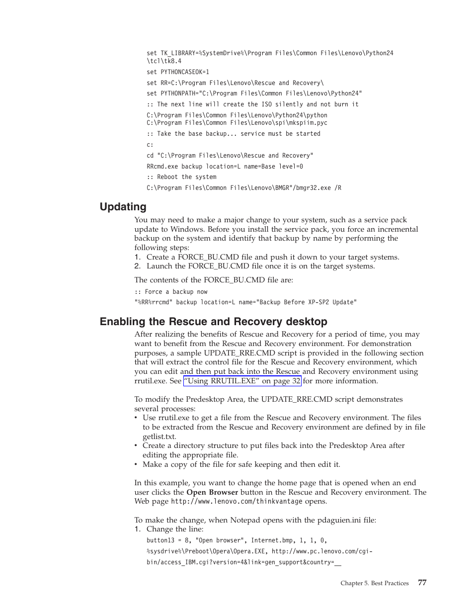 Updating, Enabling the rescue and recovery desktop, Enabling | Rescue, Recovery, Desktop | Lenovo ThinkPad R50p User Manual | Page 85 / 156