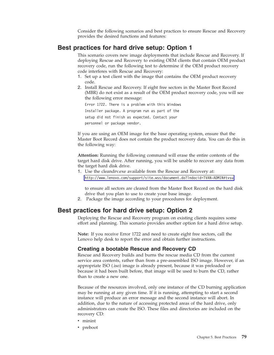 Best practices for hard drive setup: option 1, Best practices for hard drive setup: option 2, Creating a bootable rescue and recovery cd | Best, Practices, Hard, Drive, Setup, Option, Creating | Lenovo ThinkPad R50p User Manual | Page 87 / 156