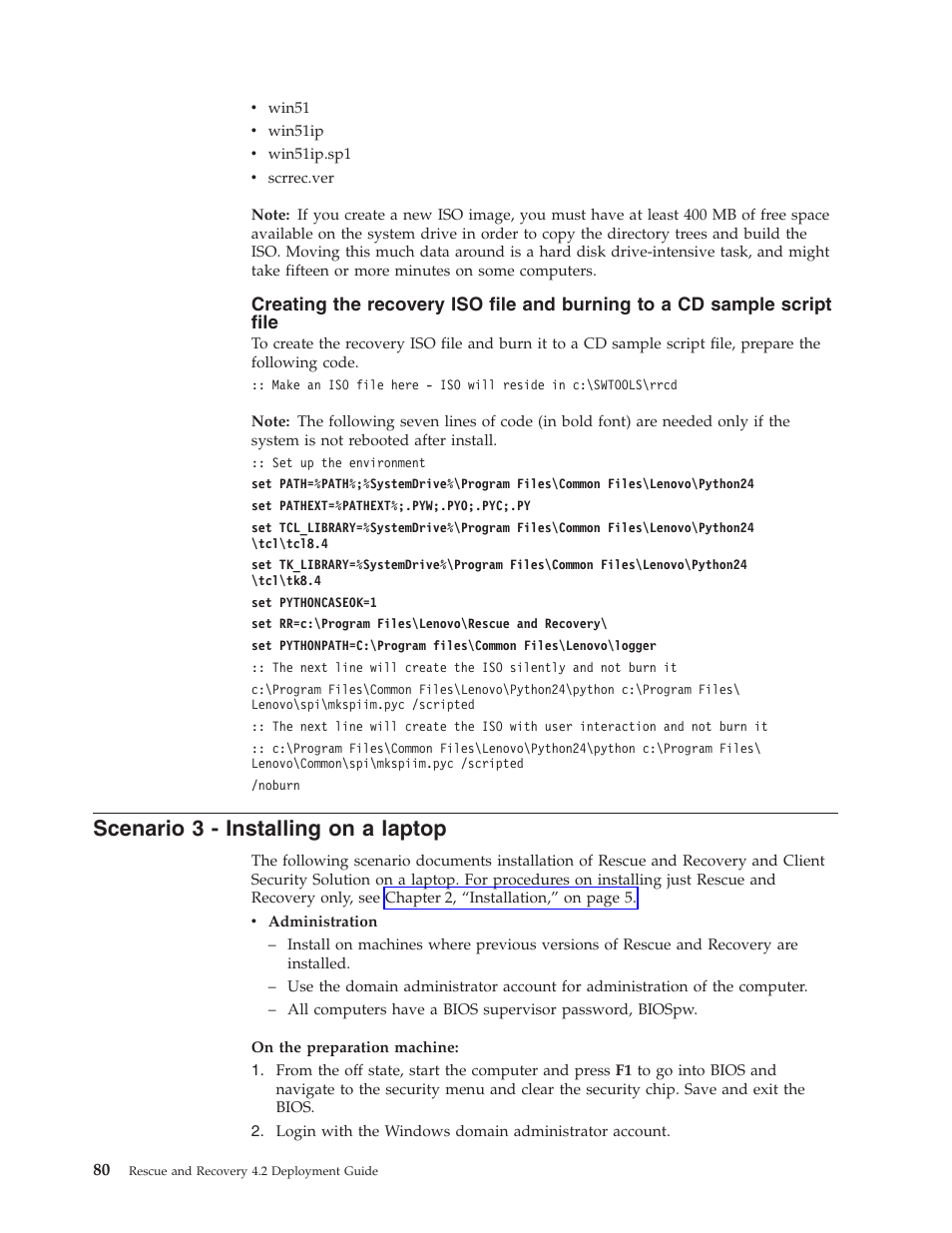 Scenario 3 - installing on a laptop, Scenario, Installing | Laptop, Creating, Recovery, File, Burning, Sample, Script | Lenovo ThinkPad R50p User Manual | Page 88 / 156