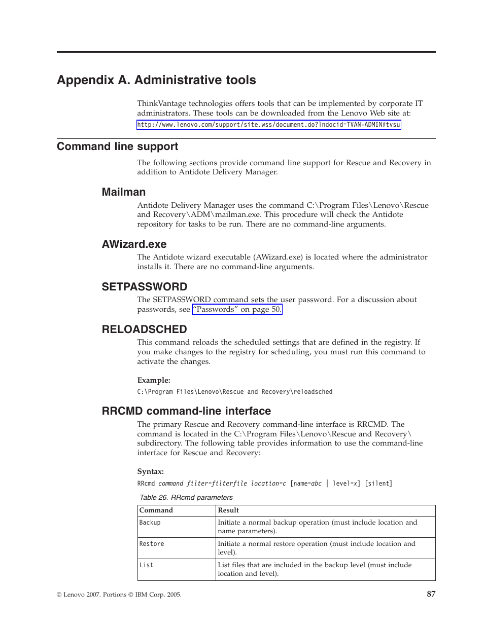 Appendix a. administrative tools, Command line support, Mailman | Awizard.exe, Setpassword, Reloadsched, Rrcmd command-line interface, Appendix, Administrative, Tools | Lenovo ThinkPad R50p User Manual | Page 95 / 156