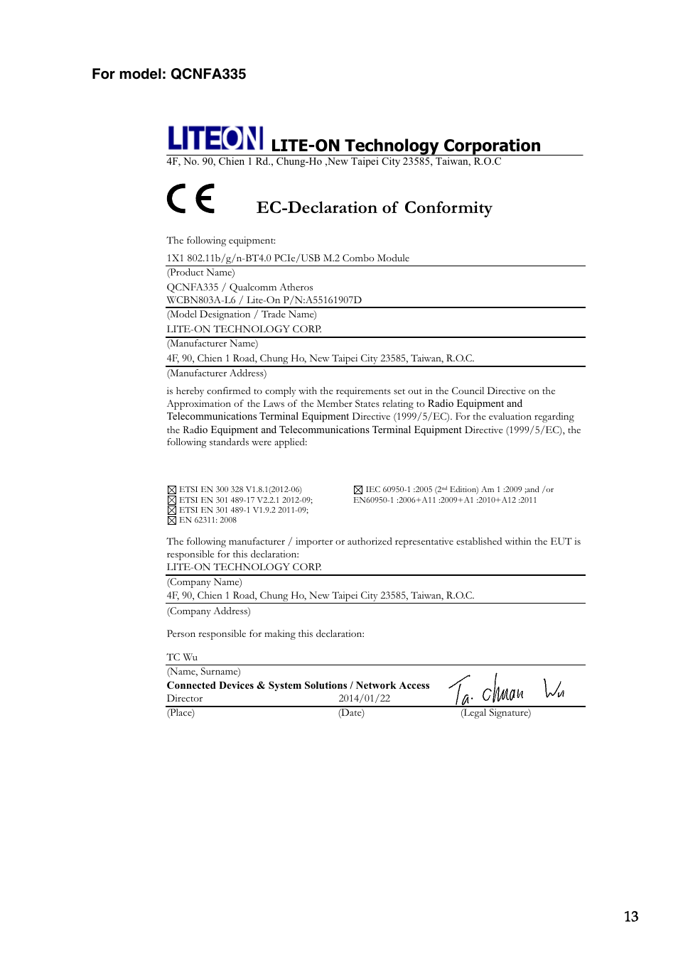 Ec-declaration of conformity, Lite-on technology corporation | Lenovo Z50-75 User Manual | Page 13 / 14