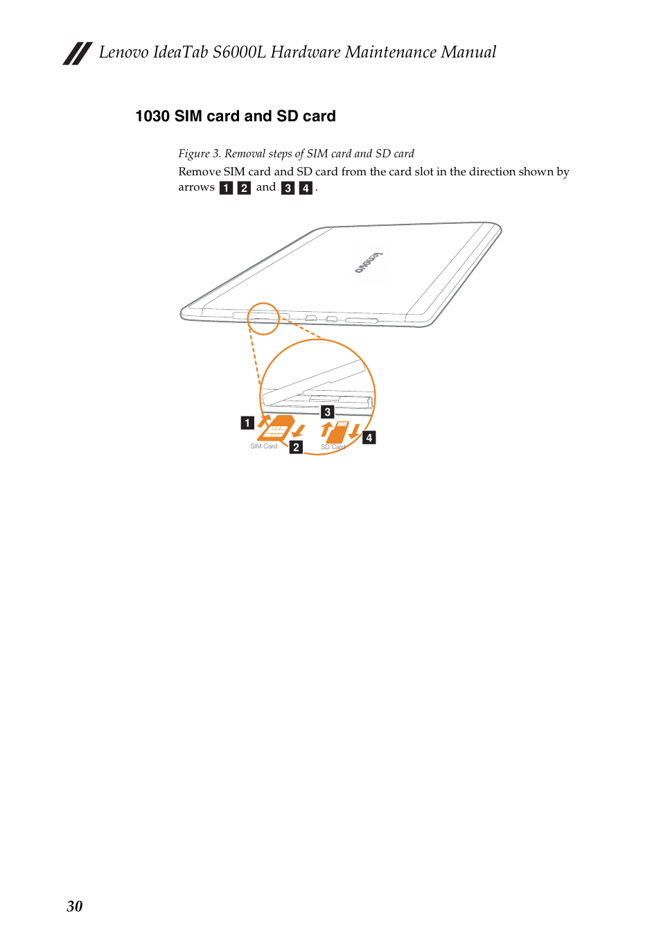 1030 sim card and sd card, Lenovo ideatab s6000l hardware maintenance manual | Lenovo S6000L Tablet User Manual | Page 34 / 53