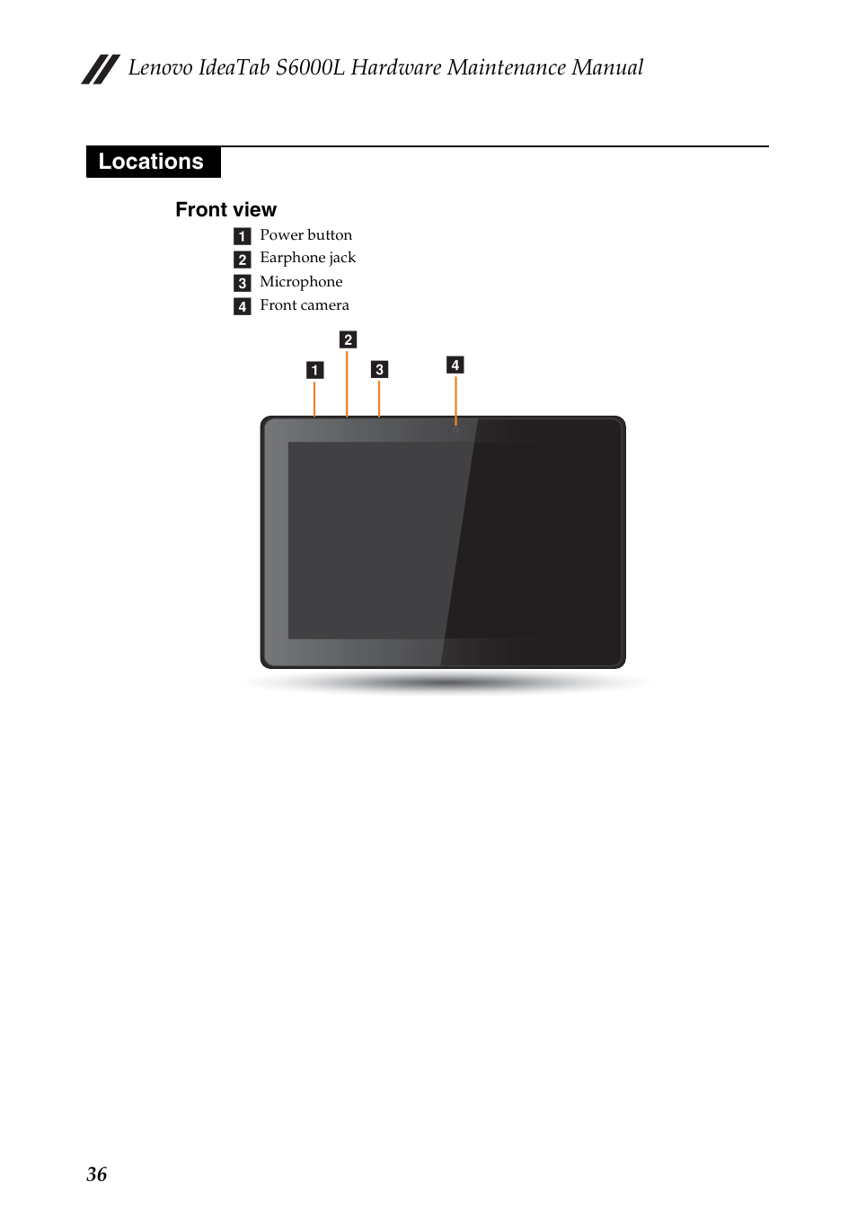 Locations, Front view, Lenovo ideatab s6000l hardware maintenance manual | Lenovo S6000L Tablet User Manual | Page 40 / 53