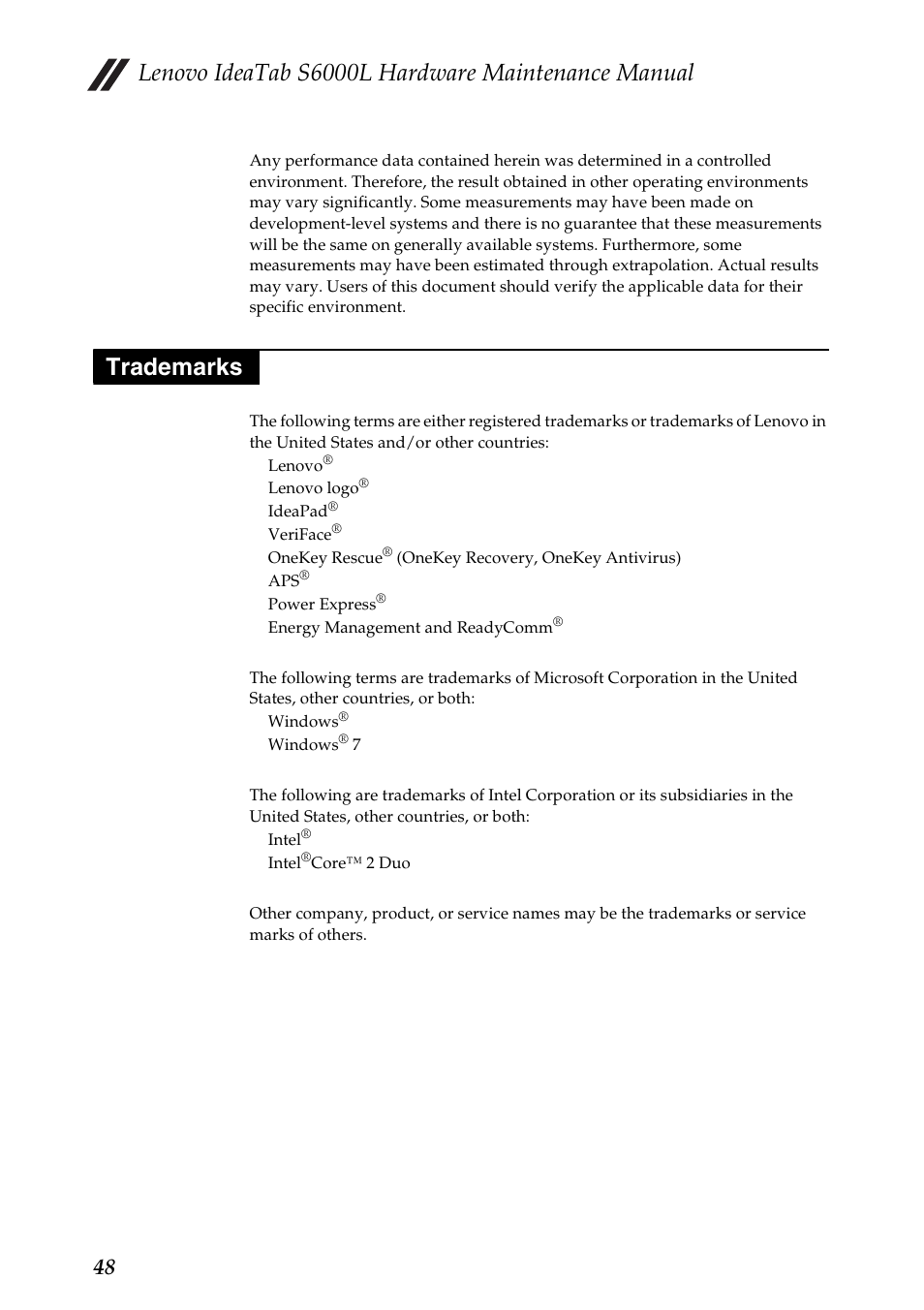 Trademarks, Lenovo ideatab s6000l hardware maintenance manual | Lenovo S6000L Tablet User Manual | Page 52 / 53