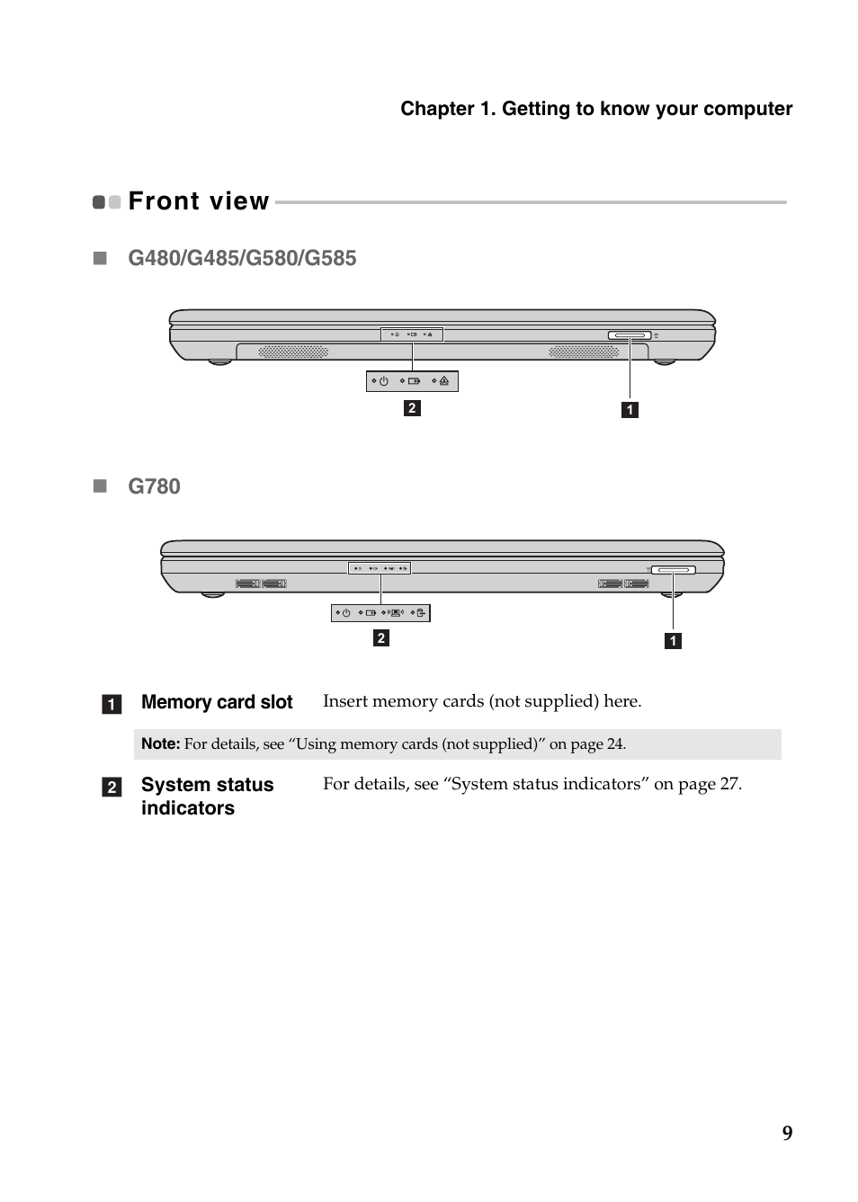 Front view | Lenovo G780 Notebook User Manual | Page 13 / 59