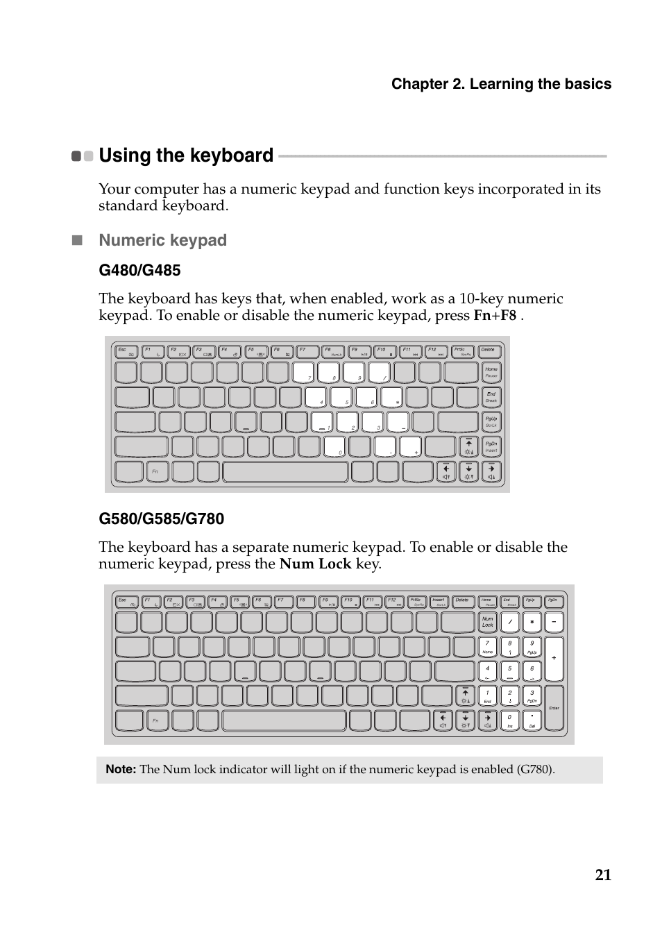 Using the keyboard | Lenovo G780 Notebook User Manual | Page 25 / 59