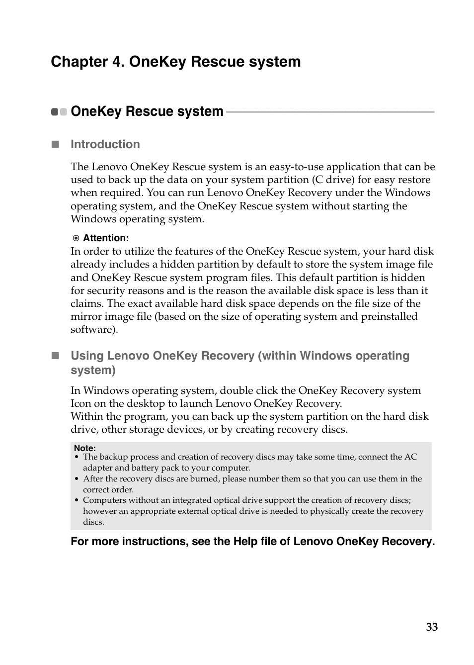 Chapter 4. onekey rescue system, Onekey rescue system | Lenovo G780 Notebook User Manual | Page 37 / 59
