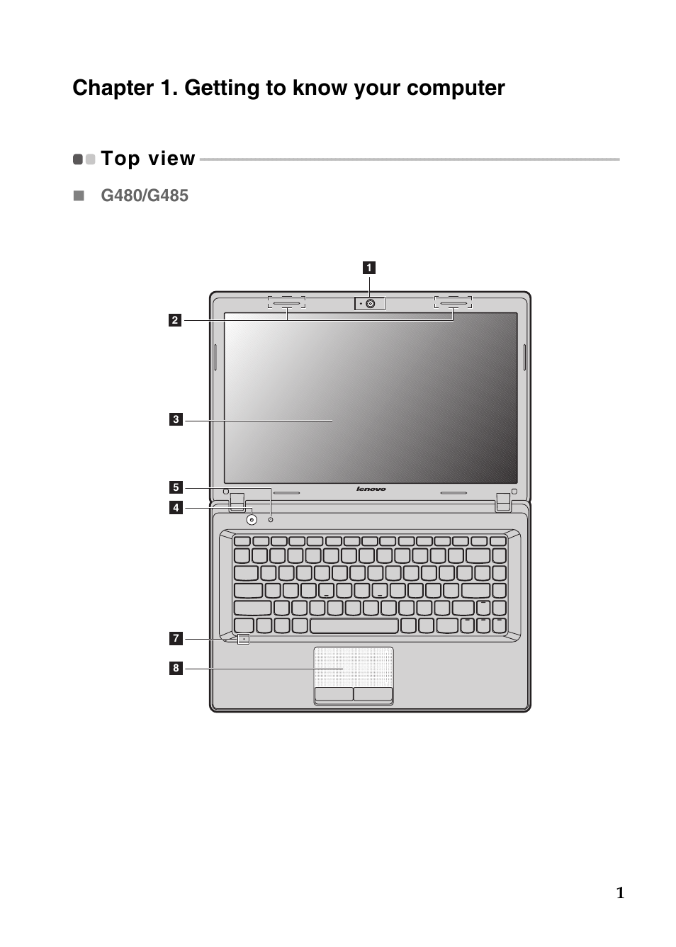 Chapter 1. getting to know your computer, Top view | Lenovo G780 Notebook User Manual | Page 5 / 59