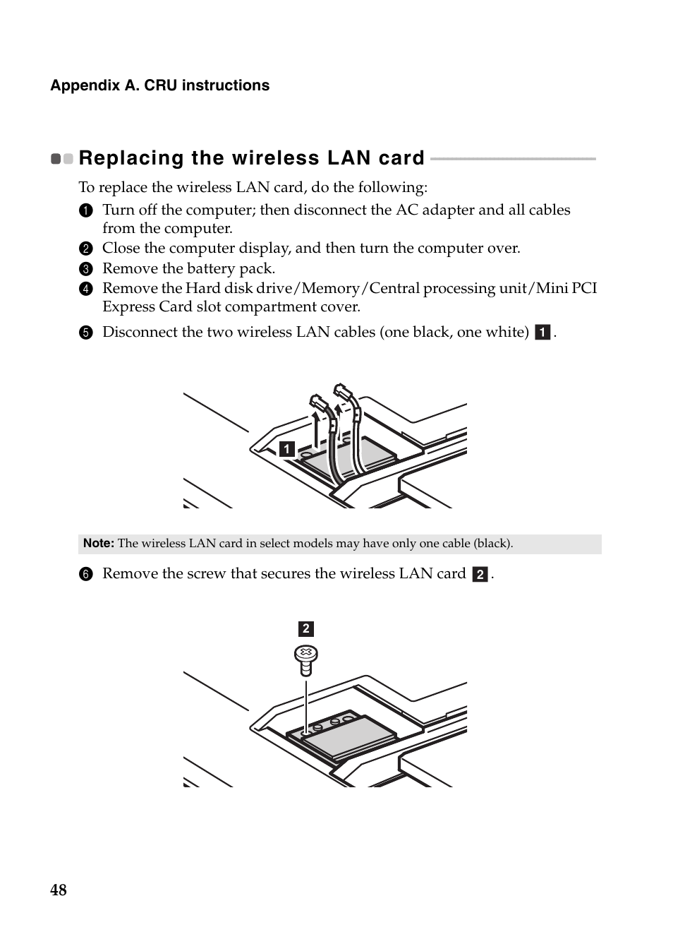 Replacing the wireless lan card | Lenovo G780 Notebook User Manual | Page 52 / 59